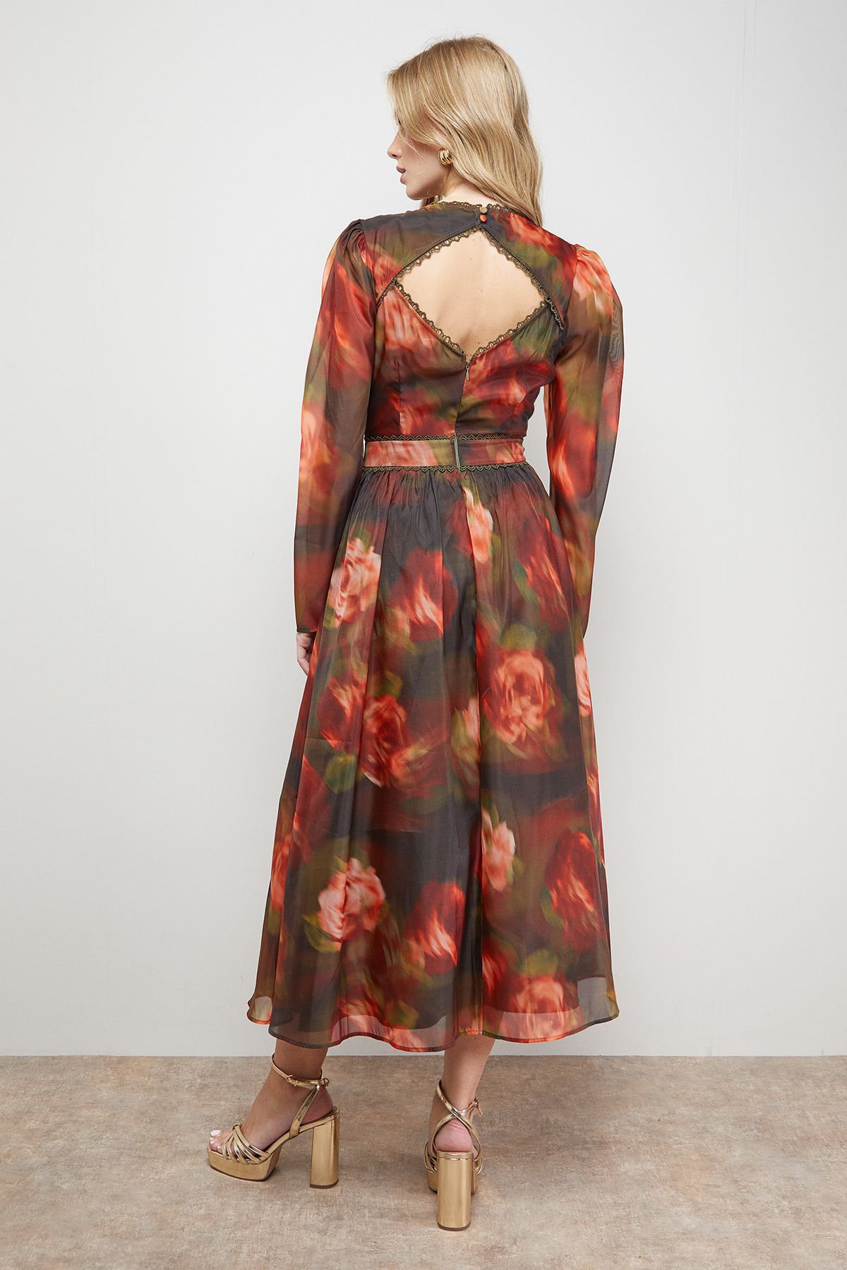 Oasis V Neck Open Back Long Sleeve Midi Dress Floral image 3