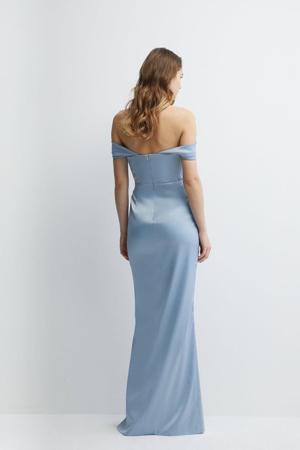 Coast Structured Satin Bardot Wrap Bridesmaids Maxi Dress Pale Blue image 3