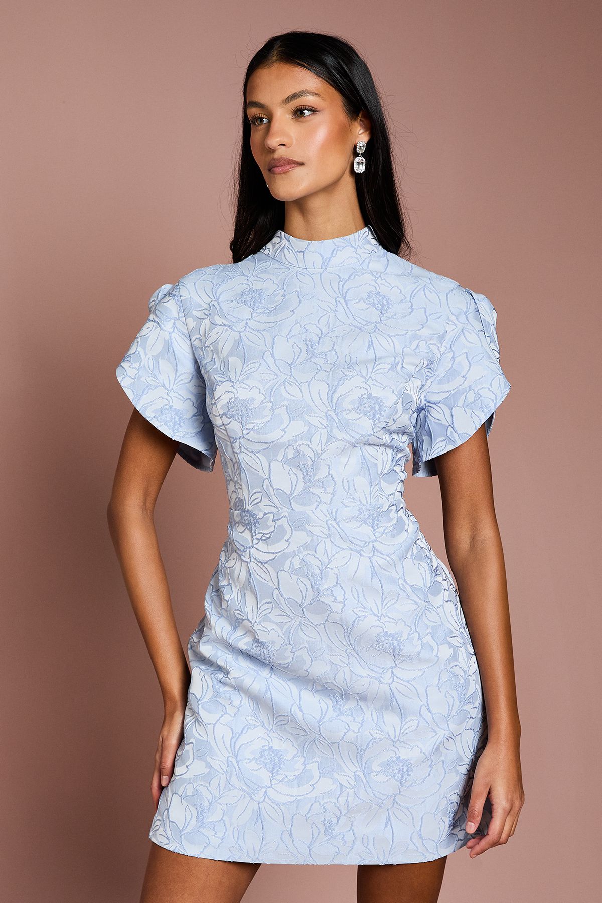 Coast Petite Puff Sleeve Jacquard Mini Dress Blue image 2