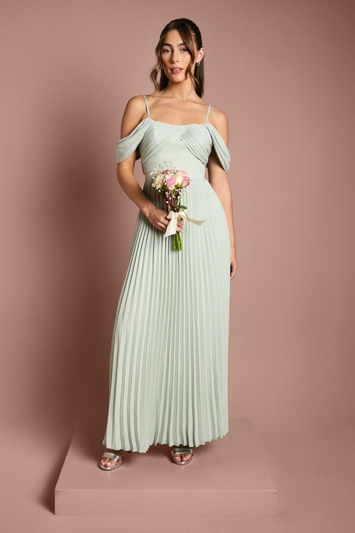 Coast Bardot Pleated Maxi Bridesmaid Dress Sage