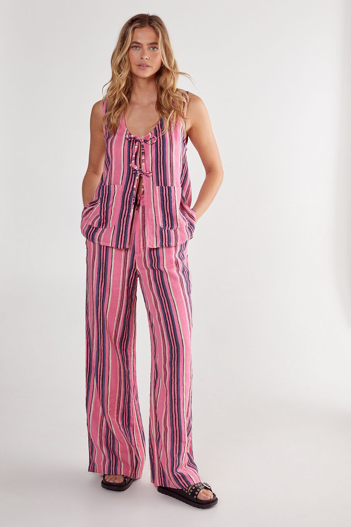 NastyGal Stripe Tie Front Vest Pink image 2