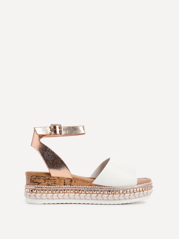 Linzi Venice Rose Gold & White Faux Leather Embellished Flatform Sandals