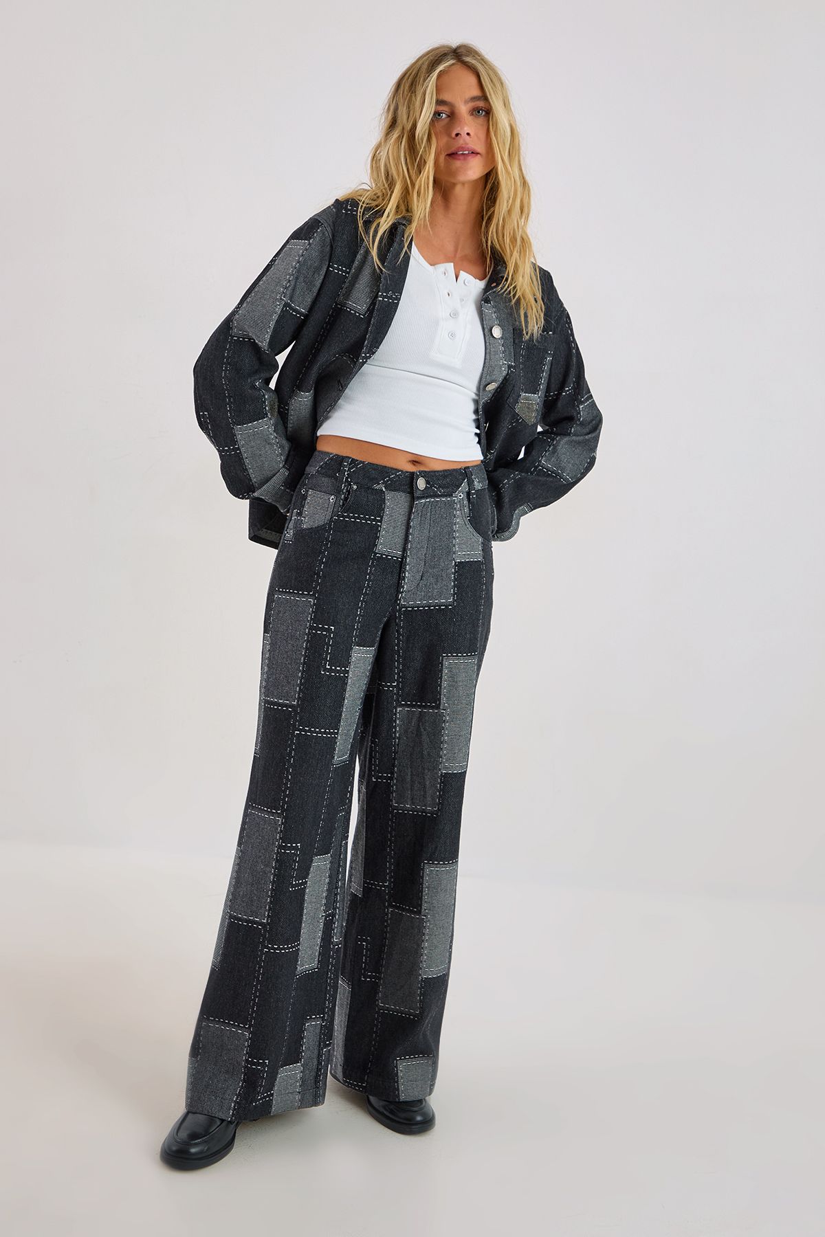 NastyGal Patchwork Denim Baggy Jeans Black image 1