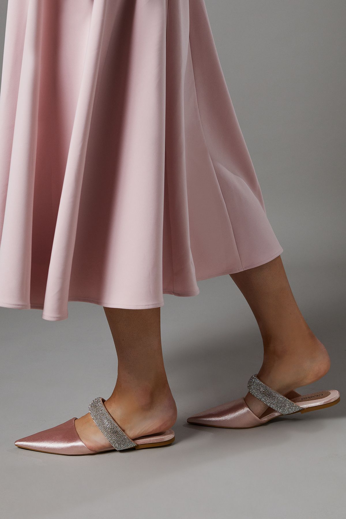 Coast Teenie Satin Diamante Strap Pointed Flat Mules Blush image 3