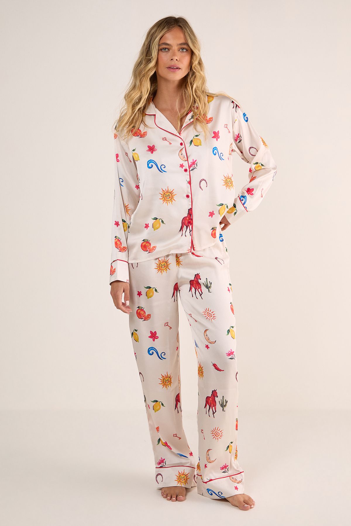 NastyGal Satin Western Conversational Contrast Piped Pajama Pants Set Champagne