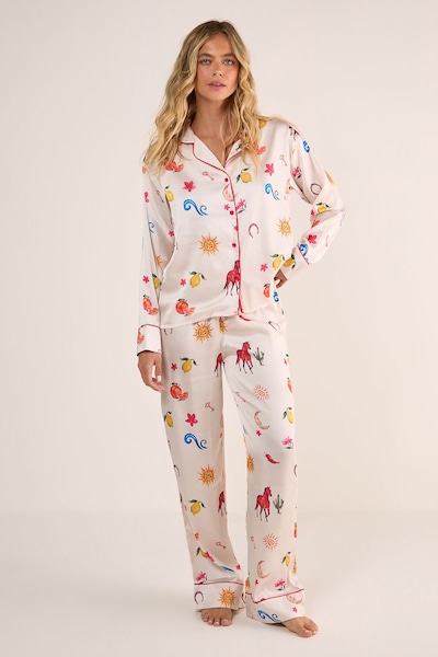 NastyGal Satin Western Conversational Contrast Piped Pajama Pants Set Champagne