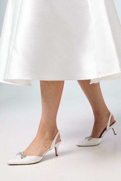 Coast Bridal Sammi Satin Diamante Bow Brooch Slingback Kitten Heel Court Shoes White