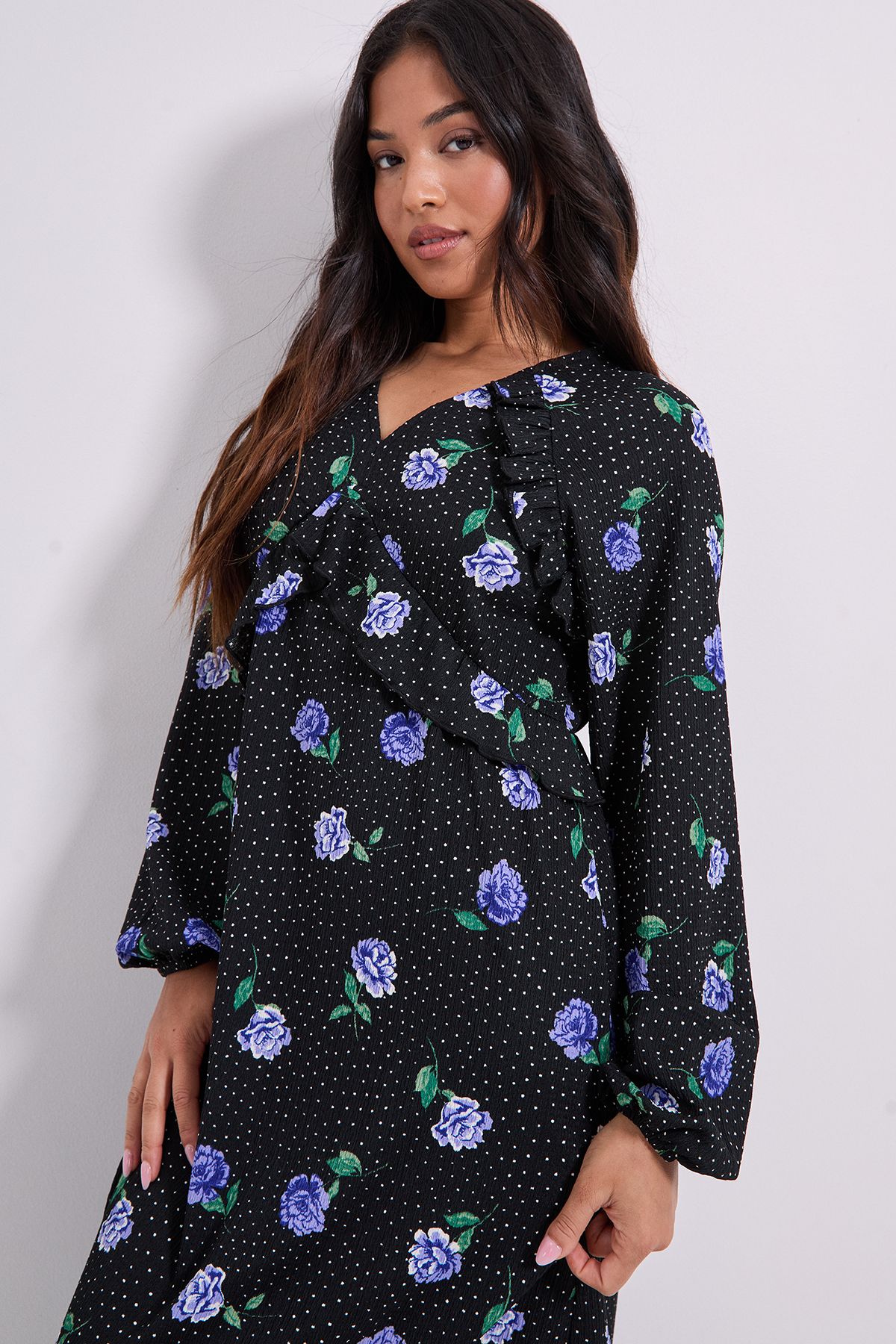 Dorothy Perkins Petite Floral Empire Seam Frill Detail Jersey Midi Dress Blue image 2