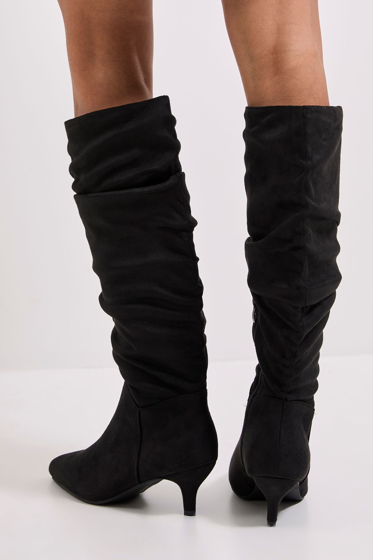 Dorothy Perkins Khloe Faux Suede Kitten Heel Knee High Ruched Boots Natural Black image 3