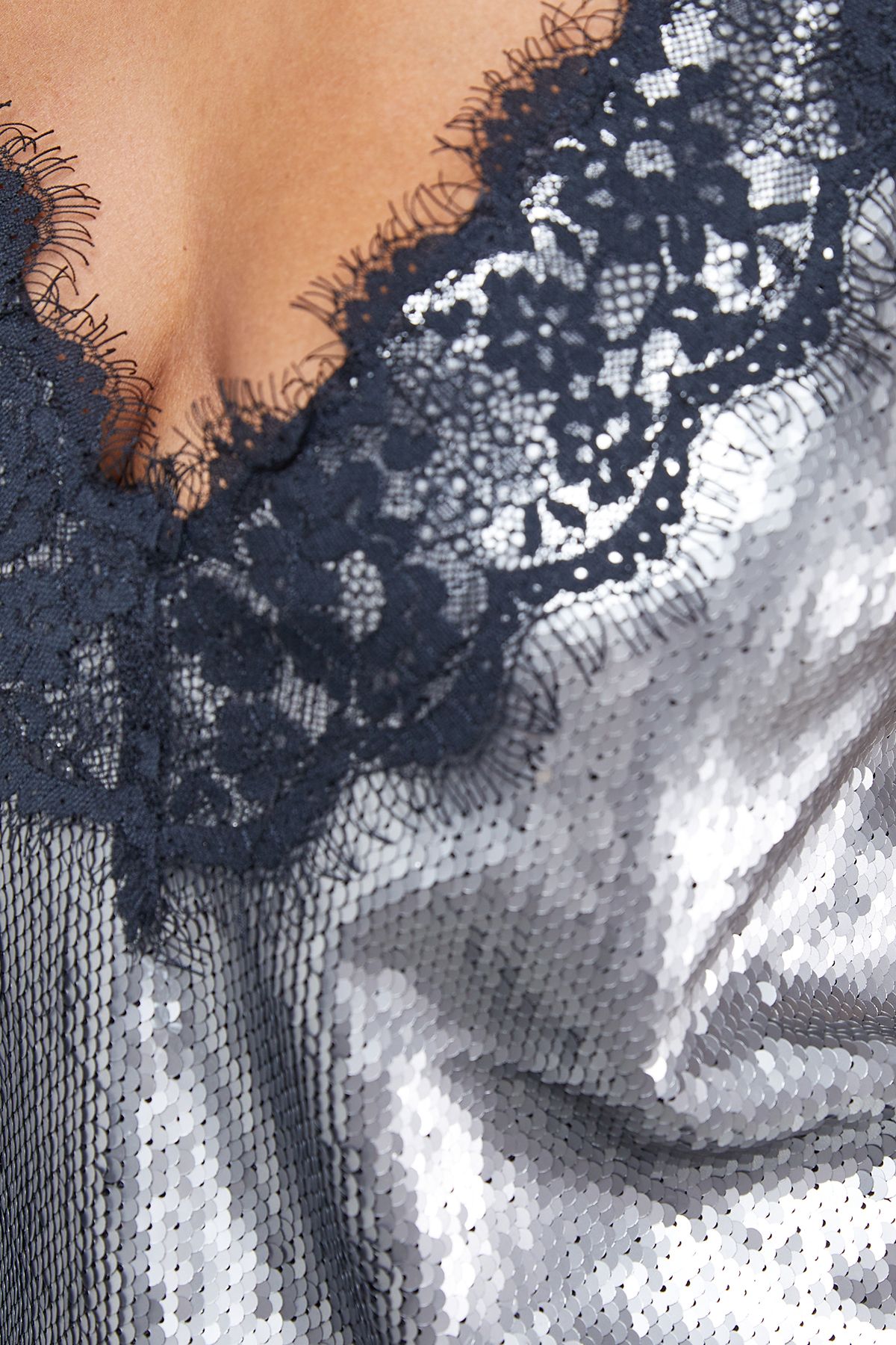 Warehouse Sequin Lace Trim High Apex Cami Top Gun Metal image 5