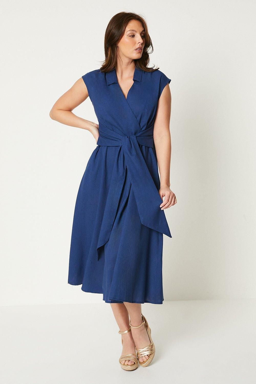 Wallis Principles Linen Blend Belted Midi Dress Blue