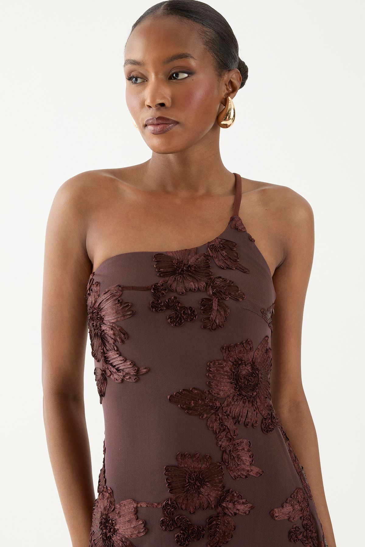 MissPap Asymmetric Neckline Floral Textured Maxi Dress Chocolate image 3