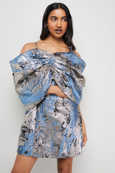 Warehouse Metallic Jacquard Dramatic Sleeves Mini Dress Blue