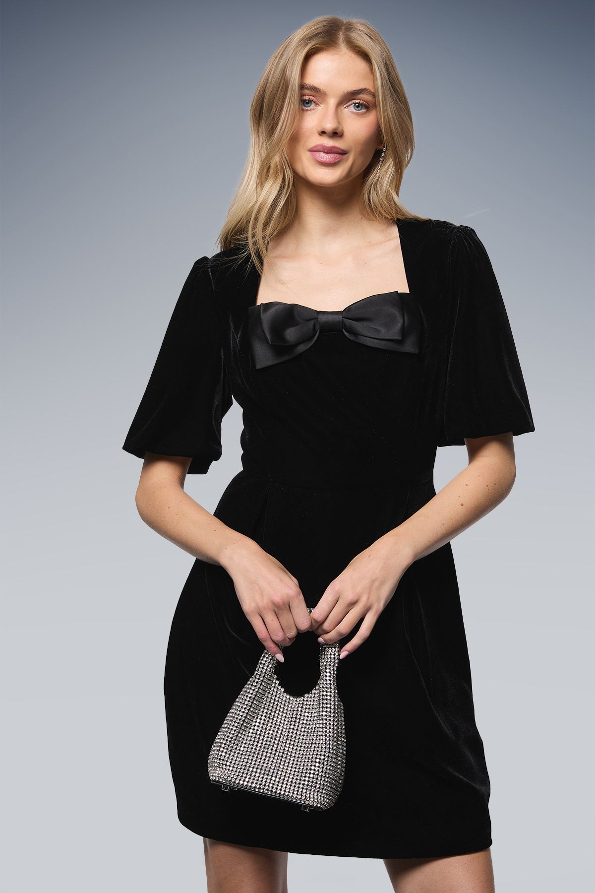 Oasis Bow Front Velvet Mini Dress Black image 2