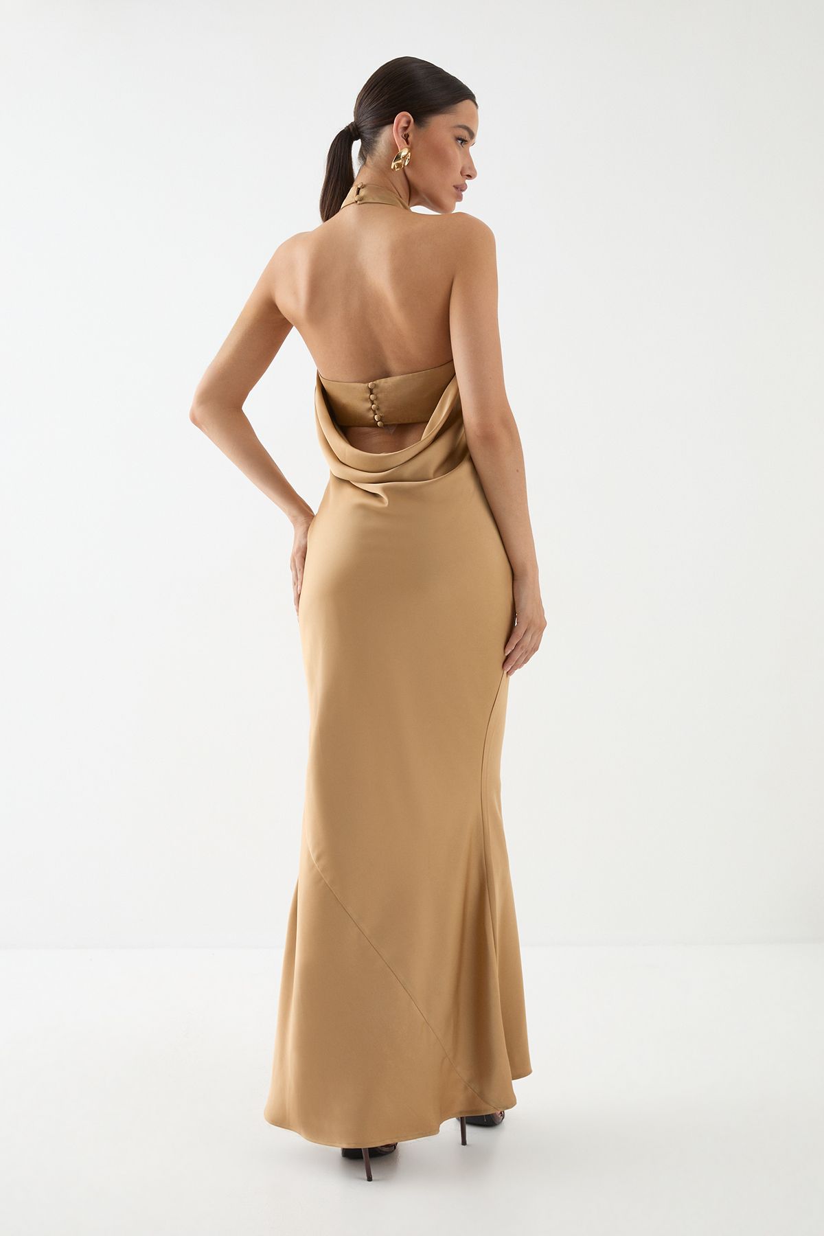 MissPap High Neck Satin Cowl Back Bridesmaid Dress Bronze image 3