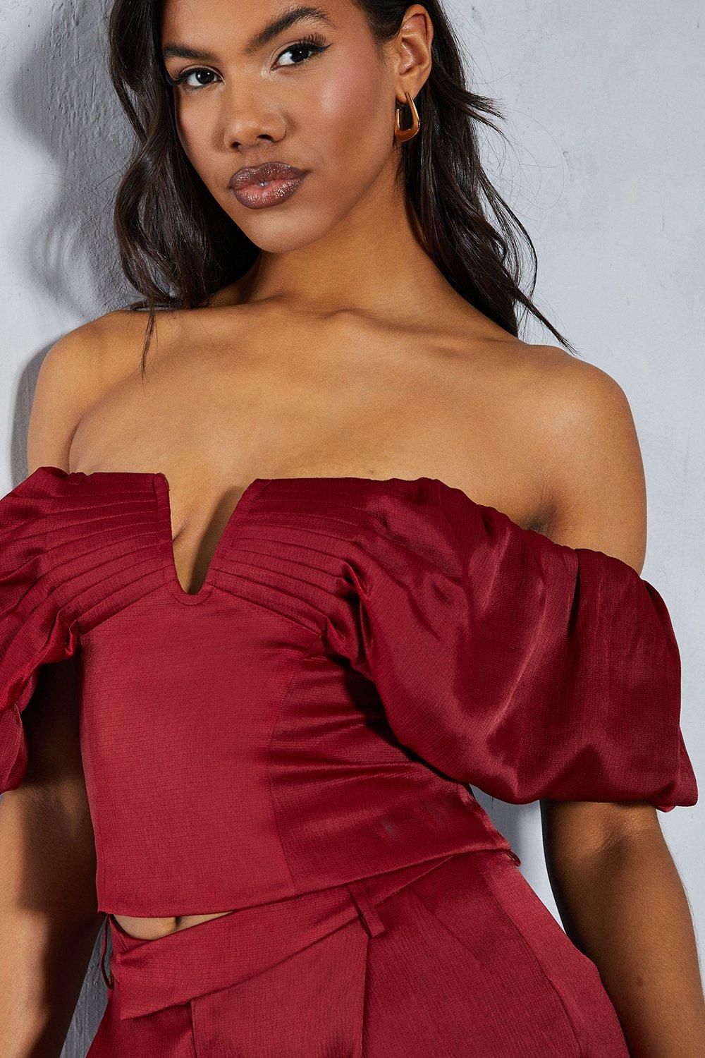 MissPap Textured Satin Pleated Bust Frill Bardot Top Berry image 1