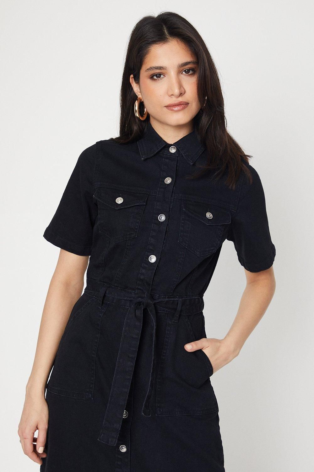 Dorothy Perkins Denim Short Sleeve Midi Dress Black image 4