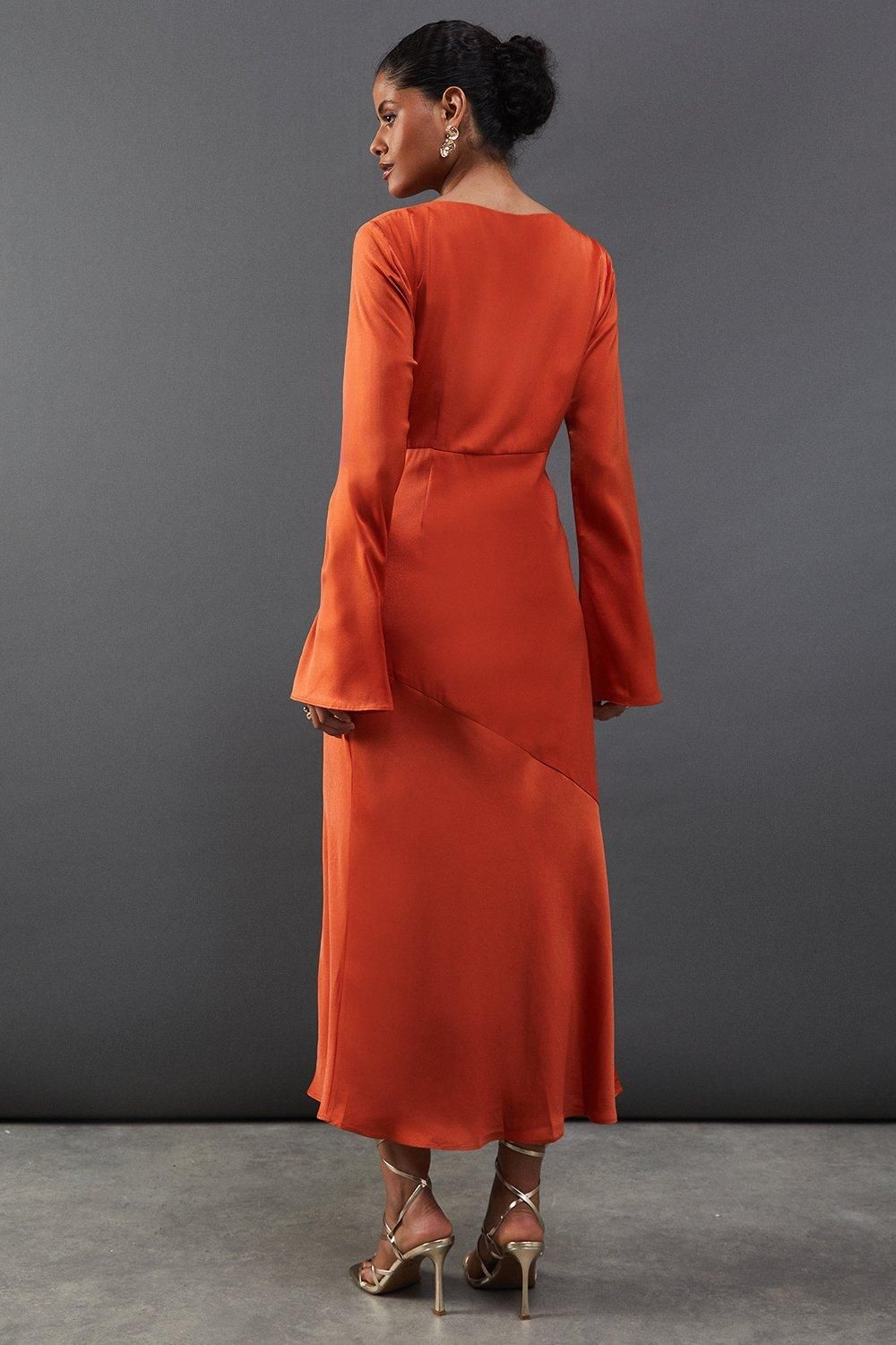 Warehouse Satin Twist Front Bias Midi Dress Orange image 3