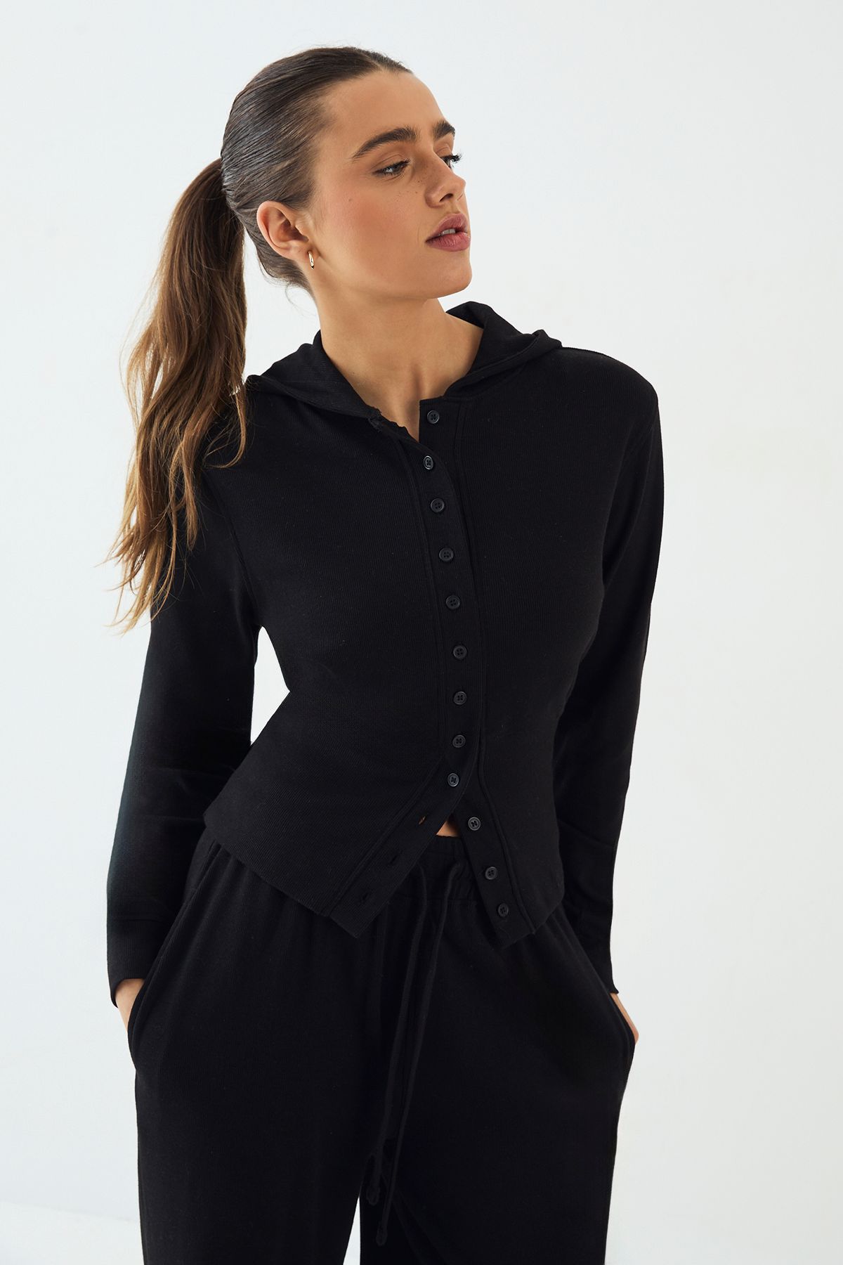 DSGN Studio DSGN Studio Button Through Cinched Hooded Rib Top Black