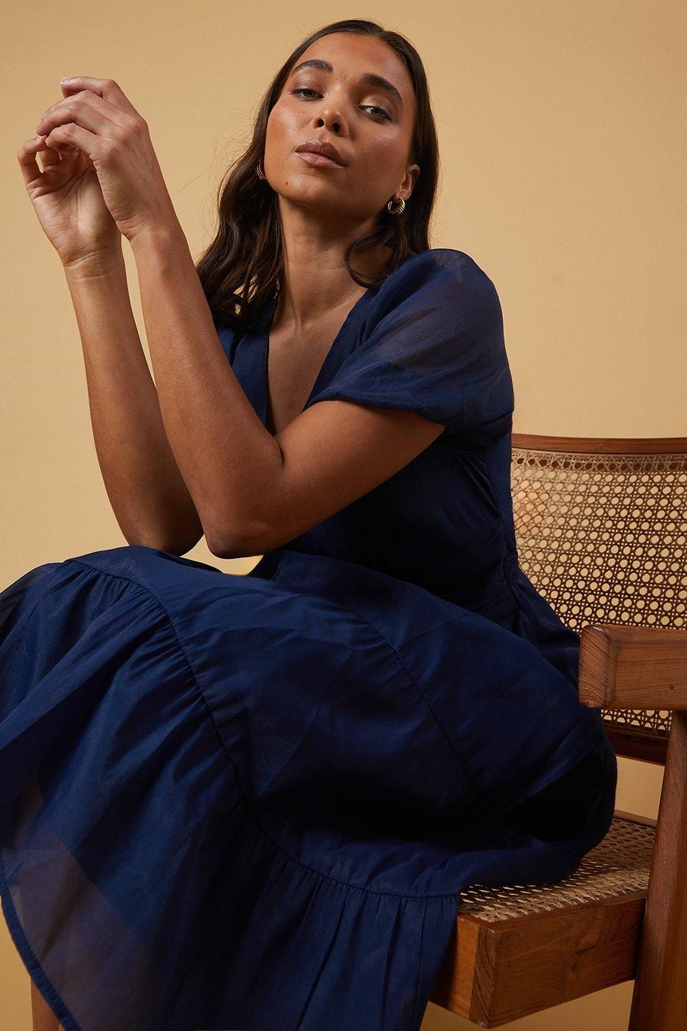 Oasis Petite Organza Puff Sleeve Pintuck Midi Dress Navy image 1