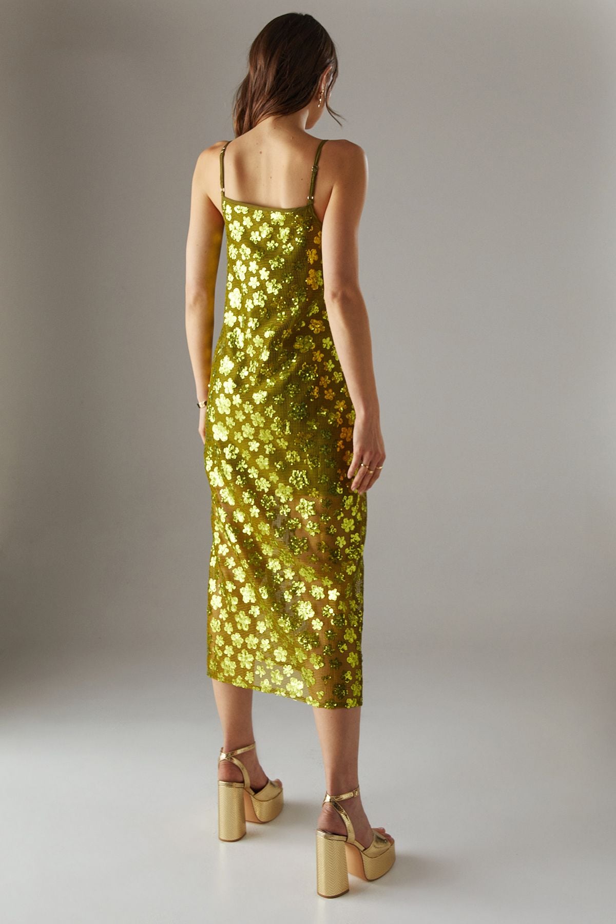 Warehouse Sequin Mesh Strappy Midi Dress Chartreuse image 4