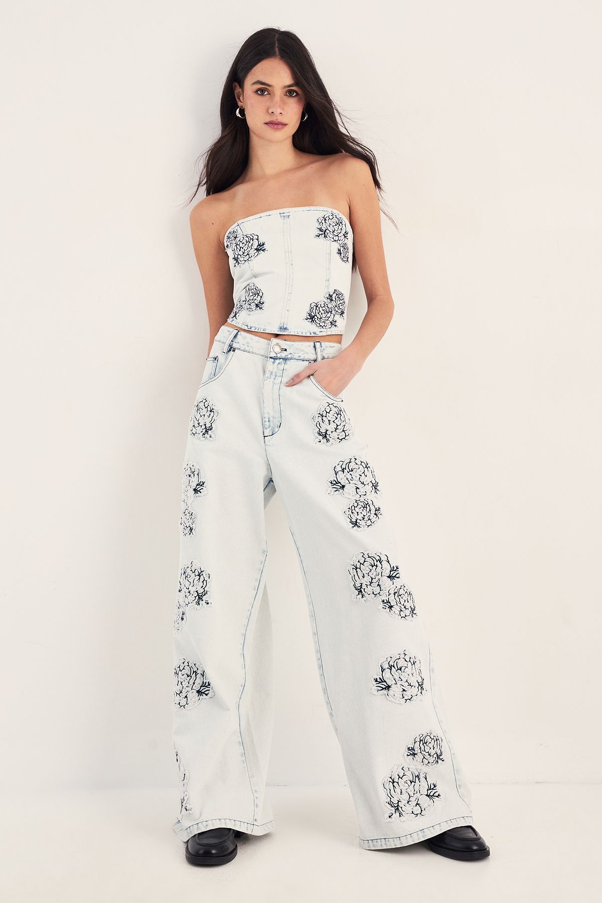 NastyGal Floral Embroidered Acid Wash Baggy Denim Jean Bleach Wash