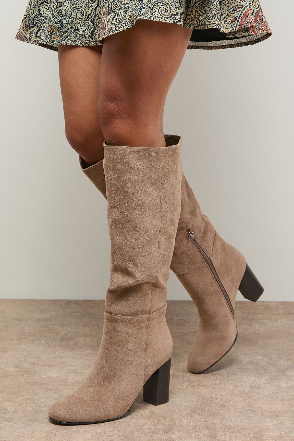 Oasis Tamsin Faux Suede Stacked High Block Heel Knee Boots Beige image 1