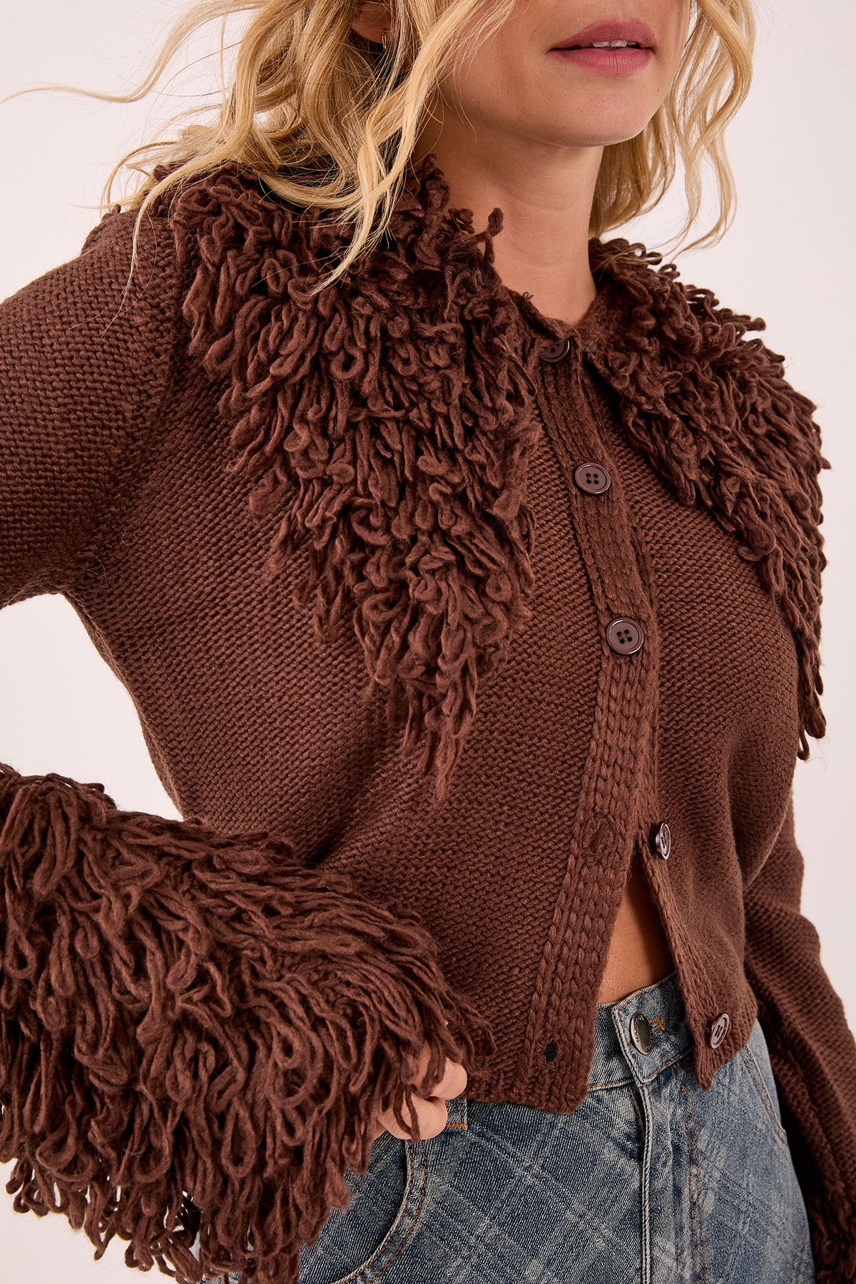 NastyGal Loopy Trim Collared Cardigan Chocolate image 4