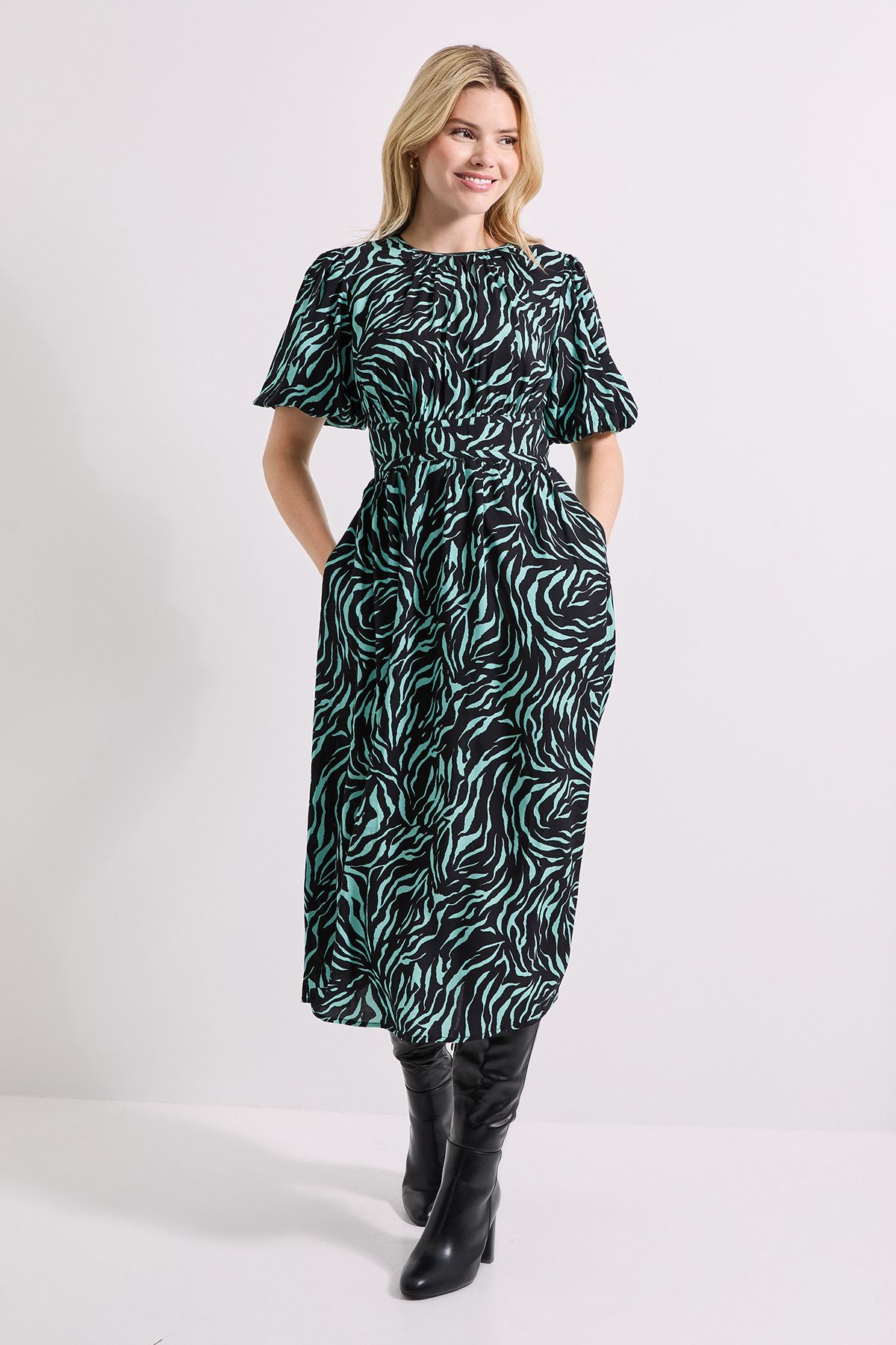 Dorothy Perkins Green Zebra Printed Dropped Waist Puff Sleeve Midi Dress Green image 1