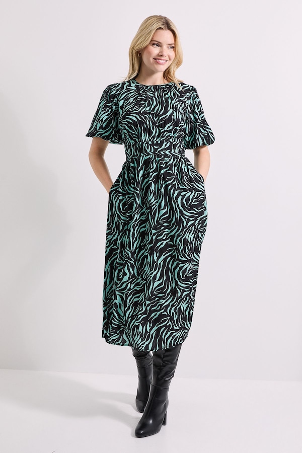 Dorothy Perkins Green Zebra Printed Dropped Waist Puff Sleeve Midi Dress Green