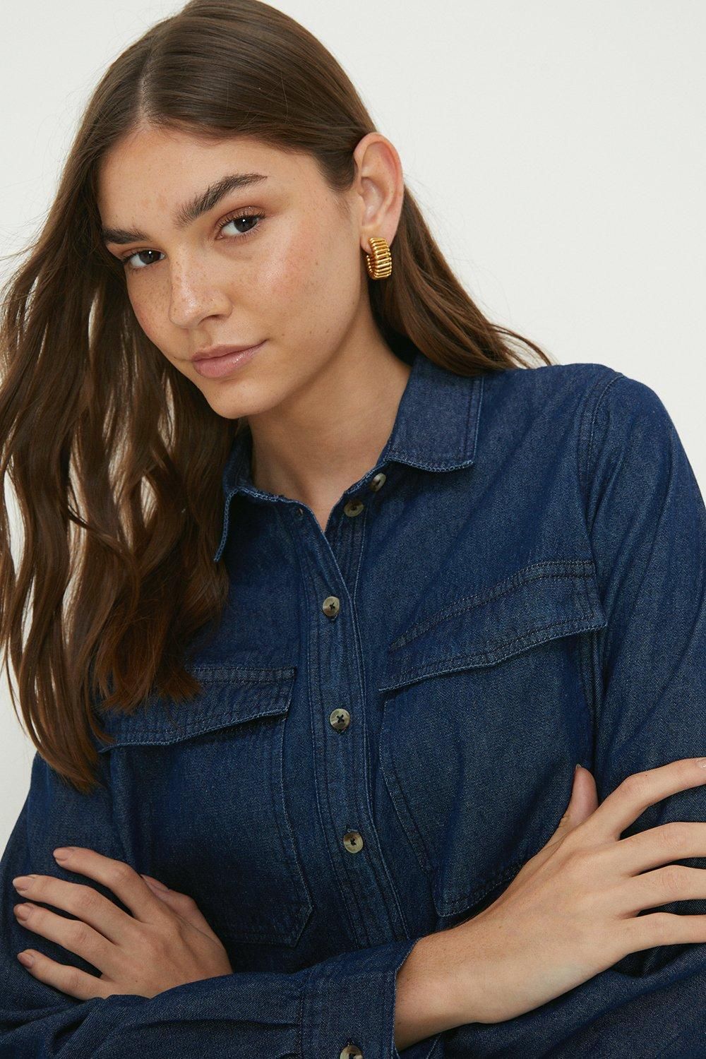 Dorothy Perkins Denim 2 Pocket Mini Shirt Dress Washed Indigo image 3
