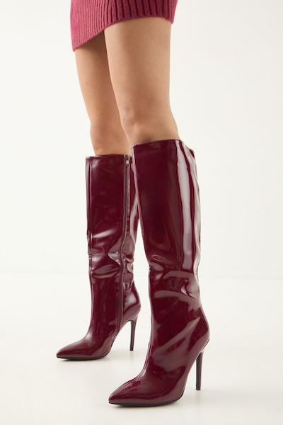 MissPap Faux Patent Leather Pointed High Stiletto Heel Knee Boots Burgundy