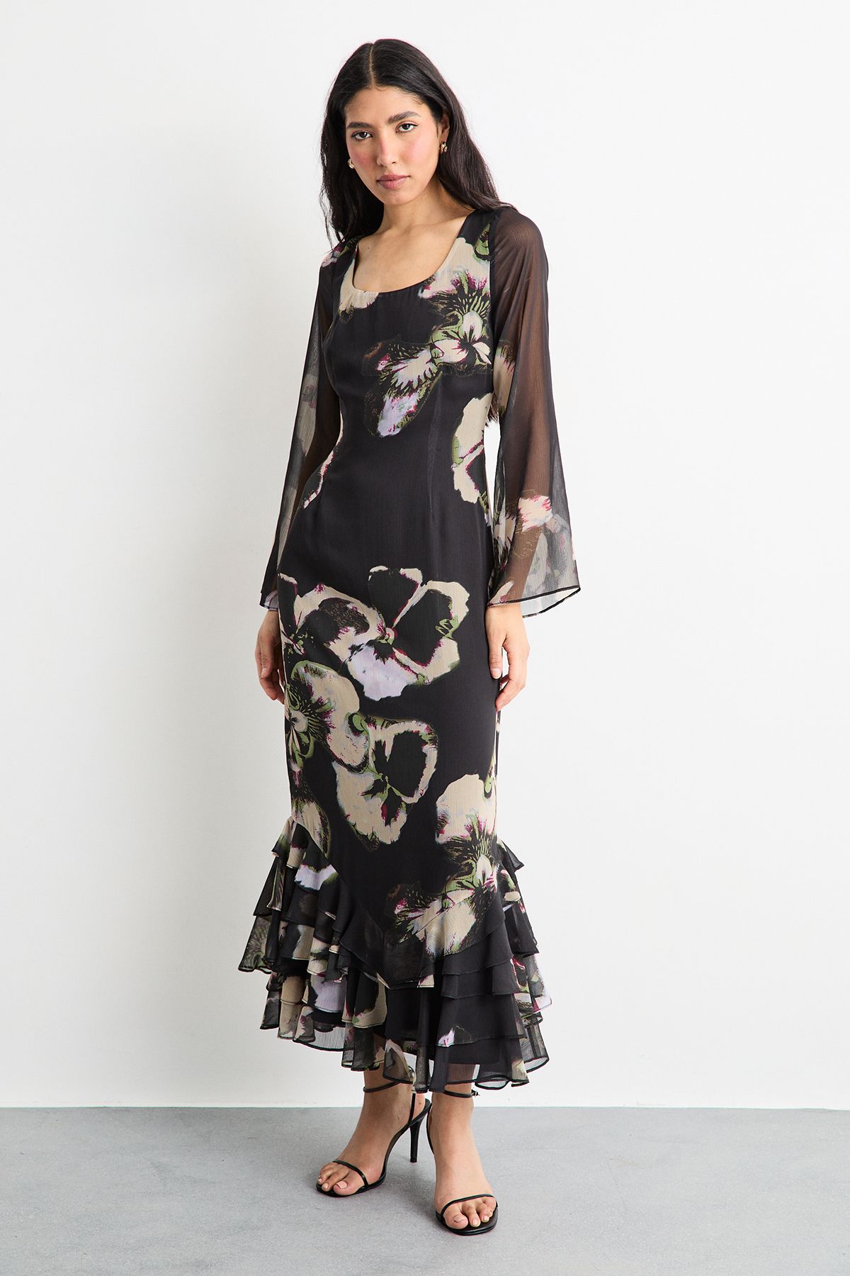 Warehouse Printed Scoop Neck Ruffle Hem Midi Dress Floral image 4