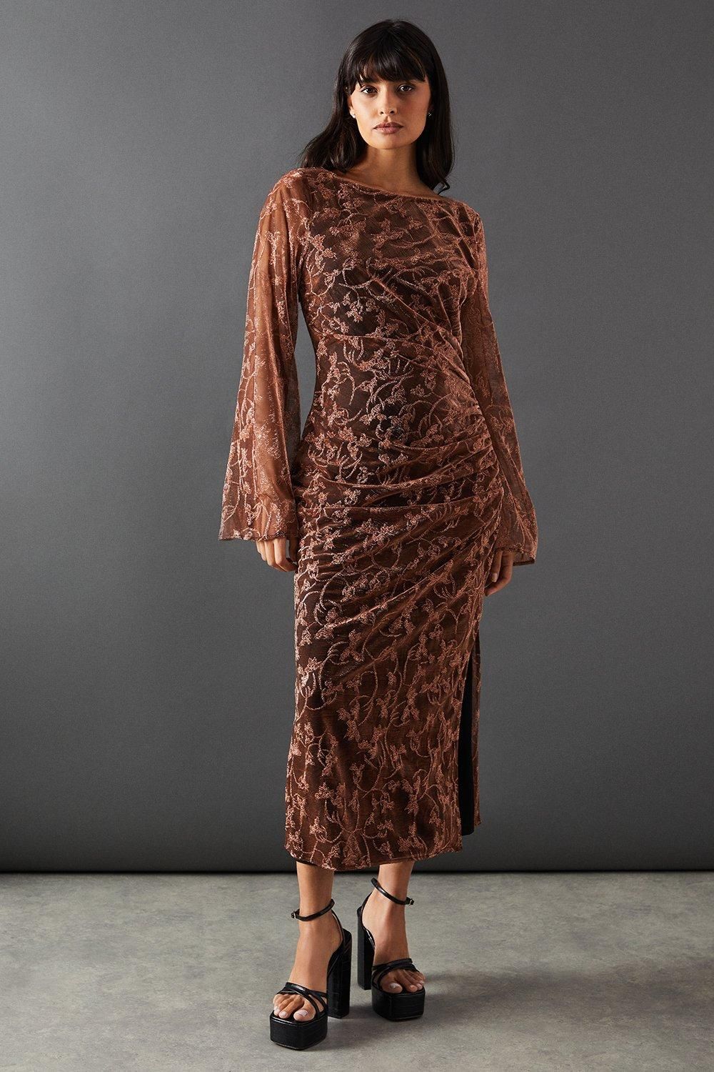 Warehouse Metallic Mesh Ruched Side Midi Dress Bronze image 4