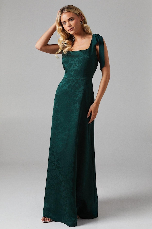 Oasis Petite Square Neck Chiffon Tie Shoulder Satin Jacquard Bridesmaids Maxi Dress Emerald