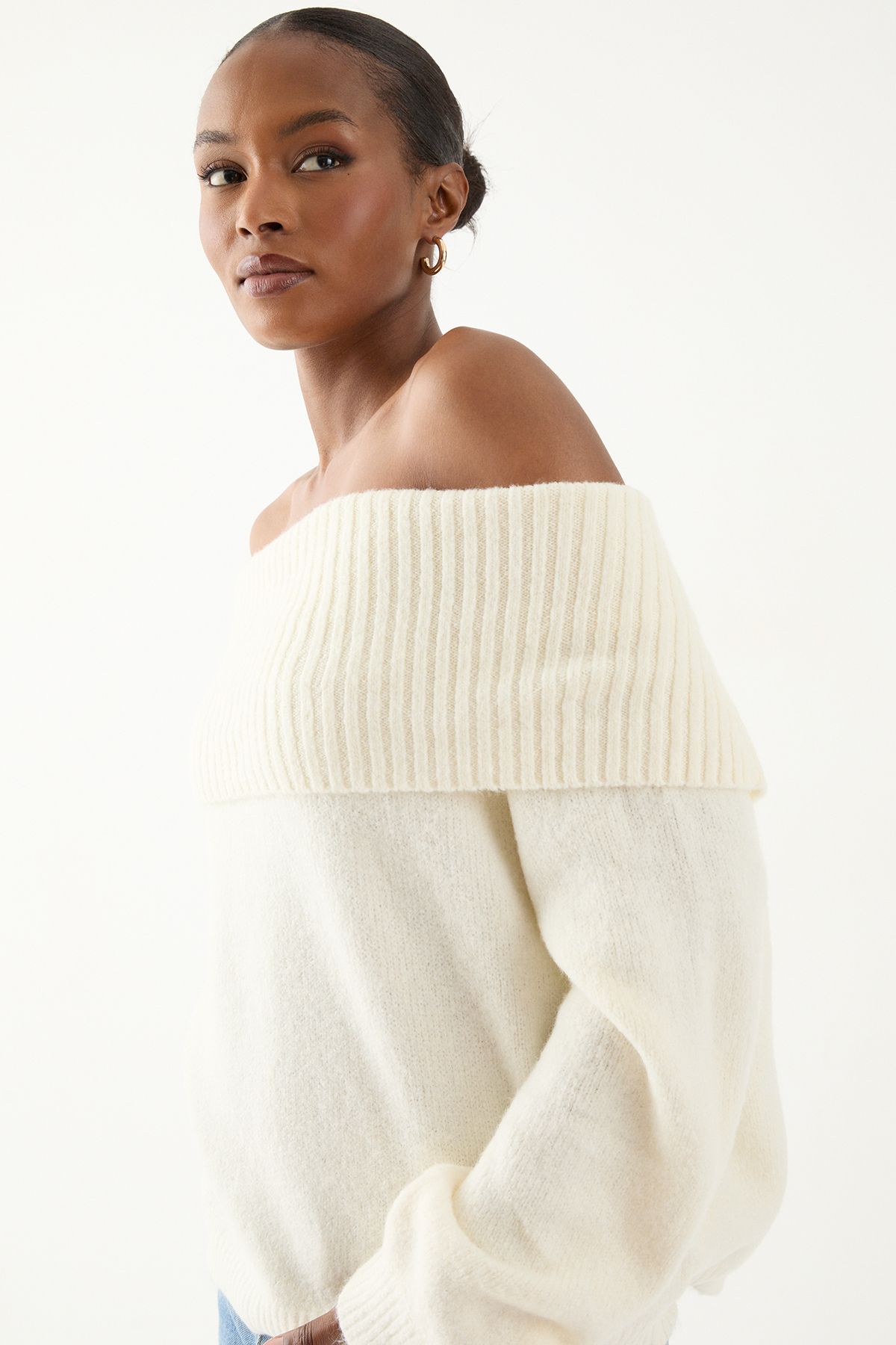 MissPap Premium Knit Bardot Foldover Jumper Cream image 3