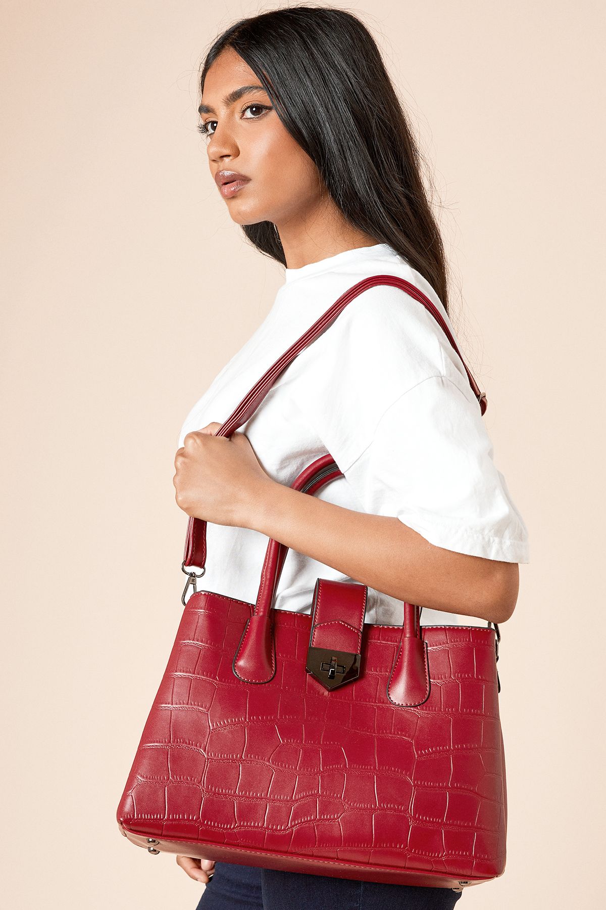 Dorothy Perkins Ronnie Faux Croc Tote Bag With Multi Internal Pockets Burgundy image 2