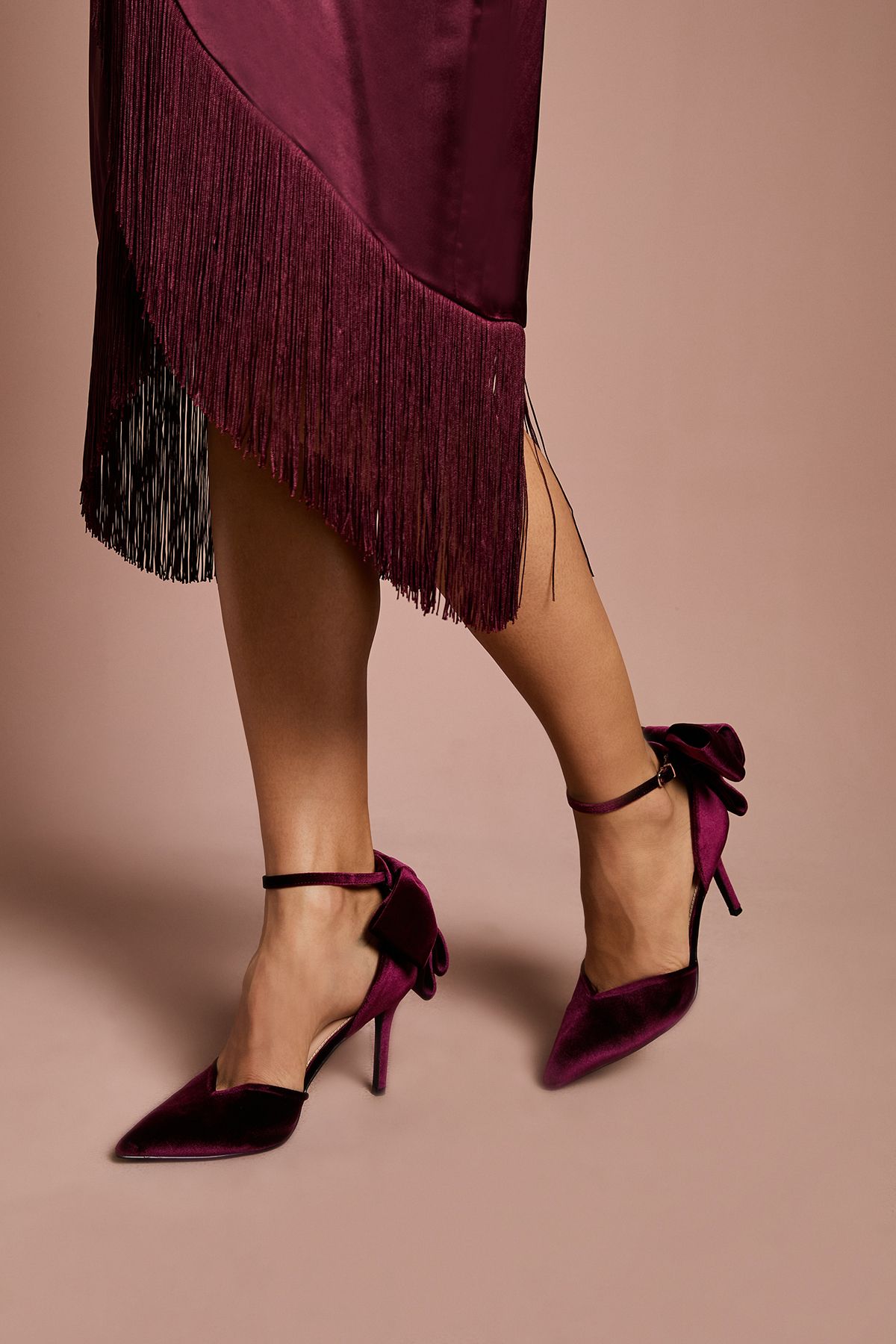 Coast Kittie Velvet Back Bow Pointed High Stiletto Heel Court Shoes Dark Red image 3