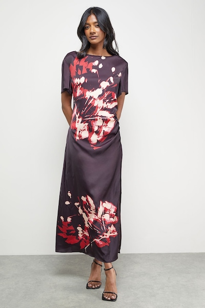 Warehouse Placement Print Crinkle Satin Ruched Midi Dress Floral