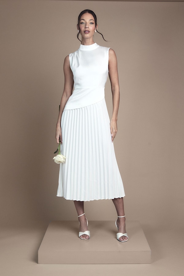 Coast Drape High Neck Pleated Skirt Midi Wedding Dress Ivory