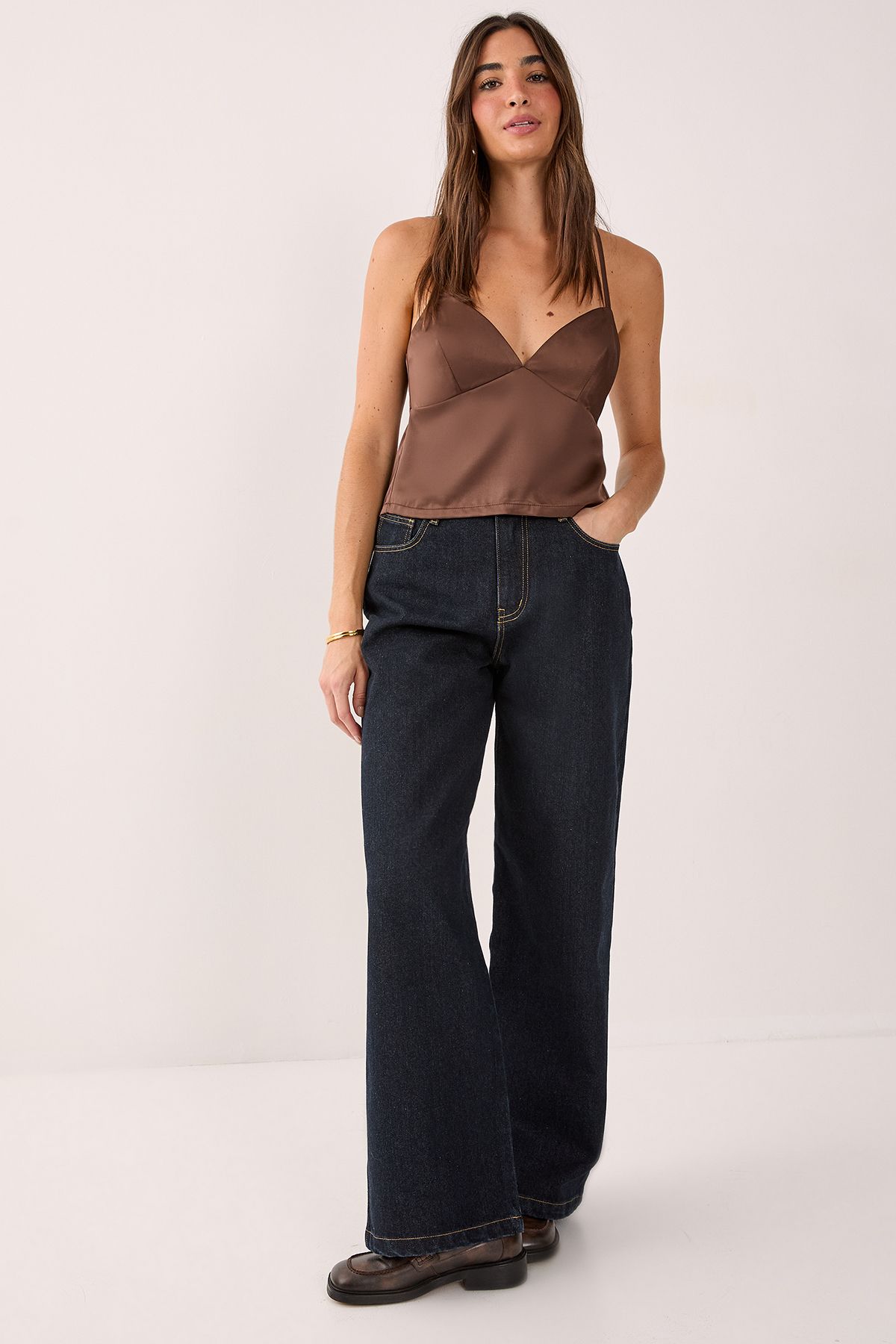 NastyGal Satin Tie Back Cami Top Chocolate image 2