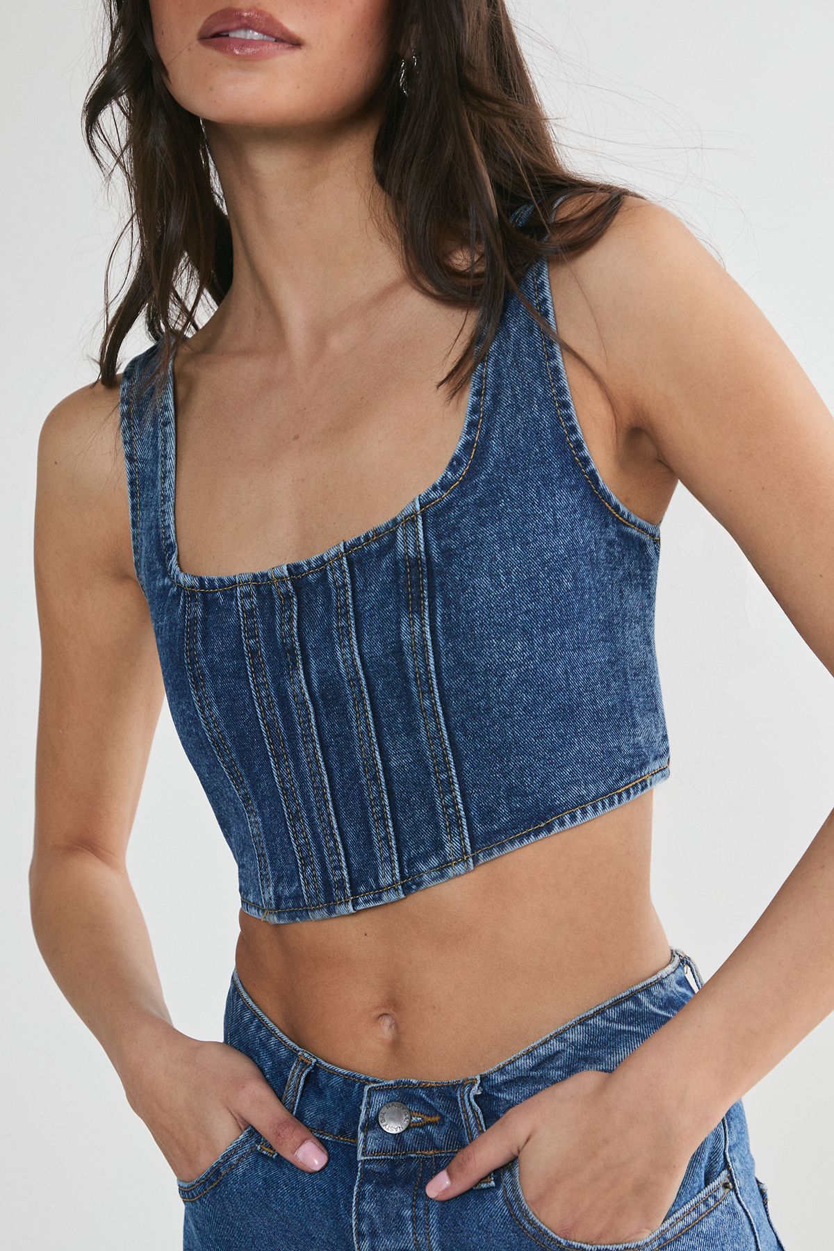 NastyGal Lace Back Detail Denim Corset Top Authentic Midwash image 5