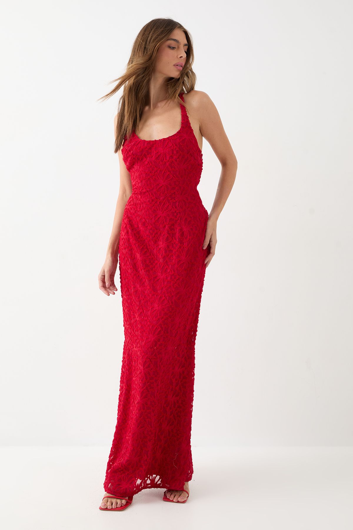 MissPap Textured Floral Chiffon Bias Maxi Red image 1