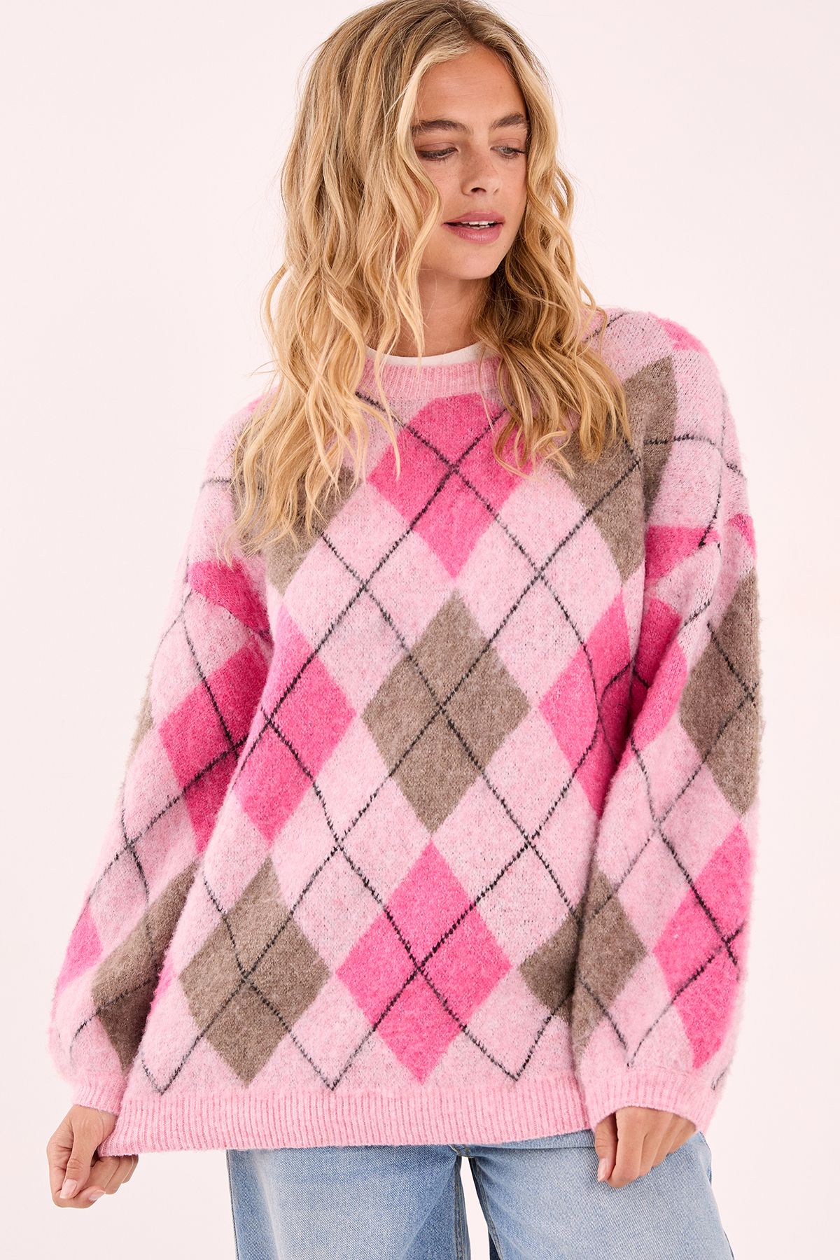 NastyGal Brushed Argyle Ballon Sleeve Oversized Jumper Pink