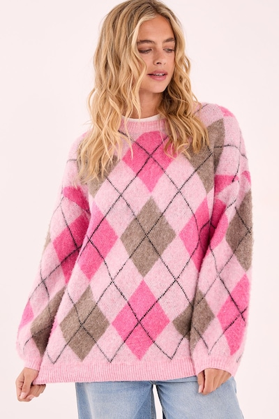 NastyGal Brushed Argyle Ballon Sleeve Oversized Jumper Pink