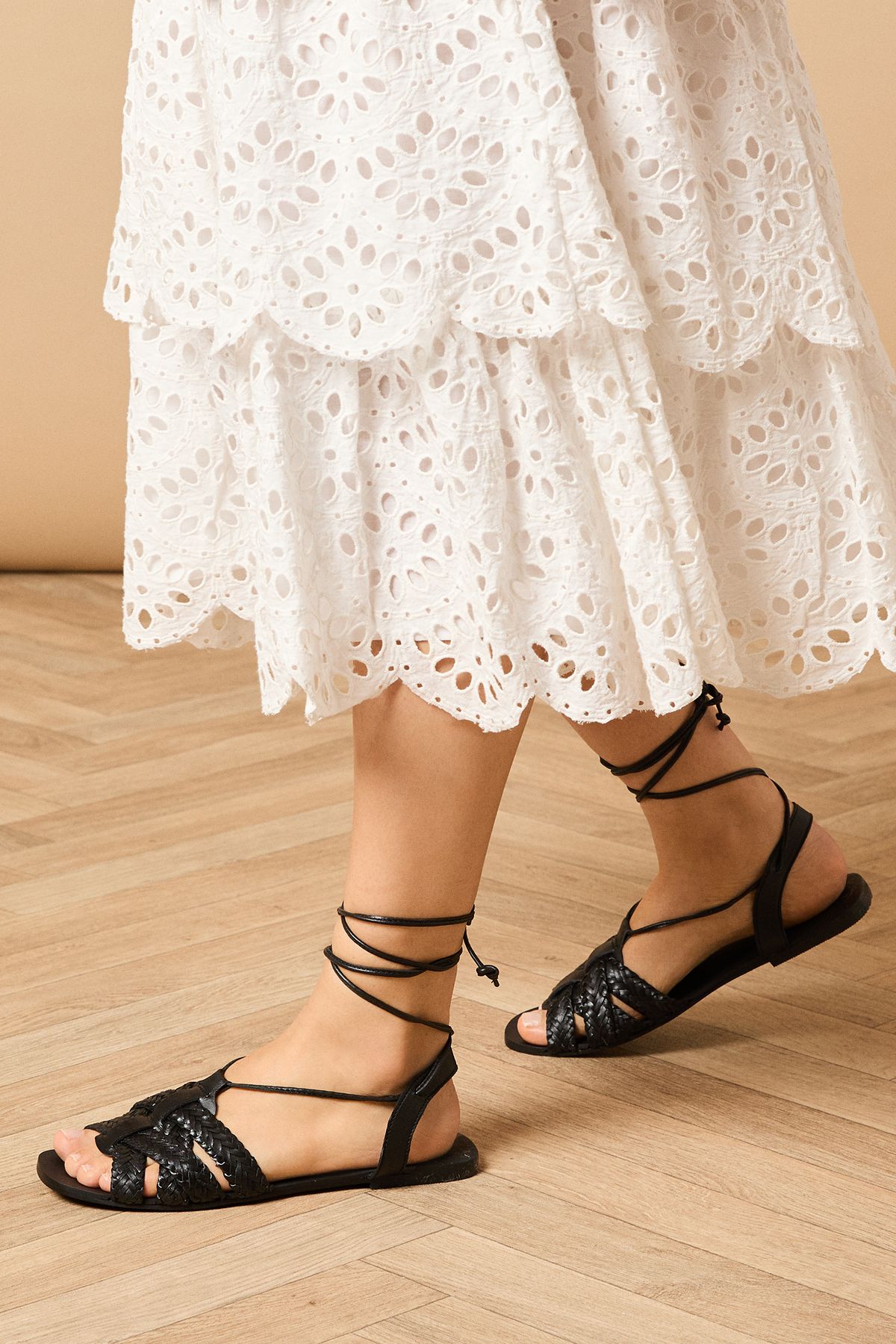 Oasis Flora Real Leather Interwoven Ankle Tie Peeptoe Flat Sandals Black image 3