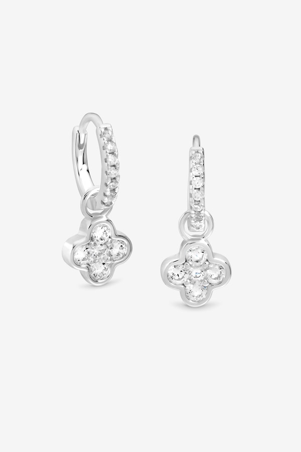 Simply Silver Sterling Silver 925 Polished and Cubic Zirconia Clover Charm Hoop Earrings