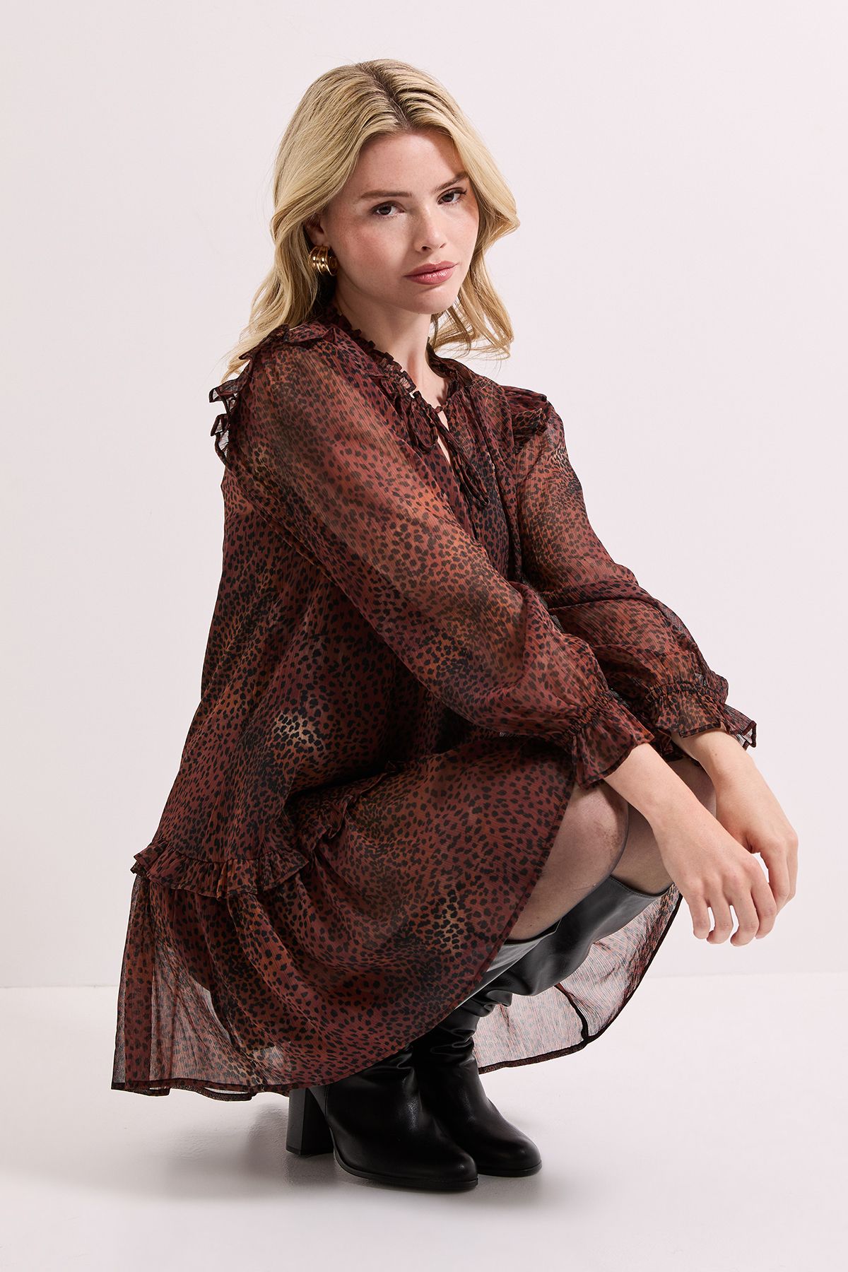 Dorothy Perkins Leopard Animal Printed Tiered Hem Tie Neck Shift Dress Leopard image 2