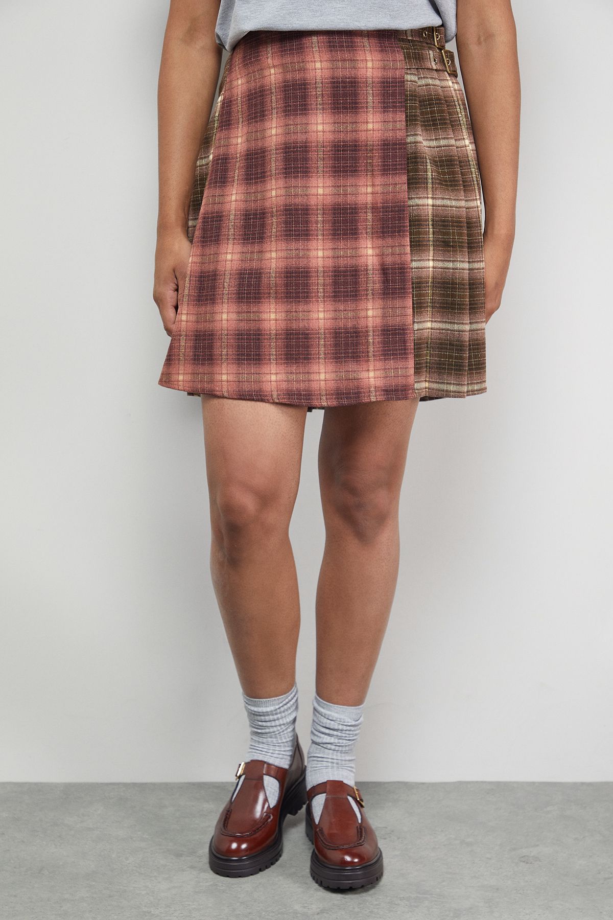 Warehouse Mixed Check Buckle Side Pleat Awkward Length Skirt Multi image 2