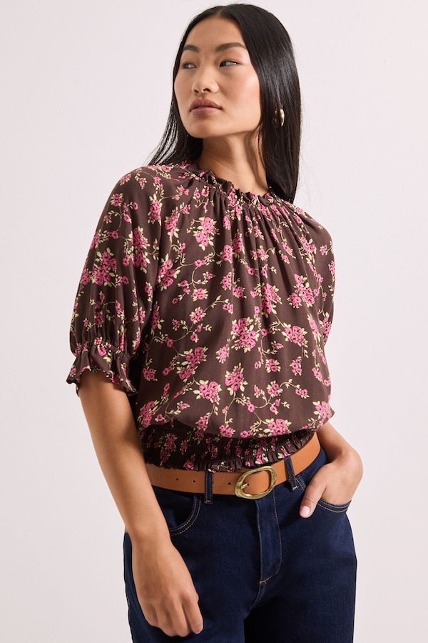 Dorothy Perkins Petite Frill Neck Shirred Cuff Blouse Chocolate